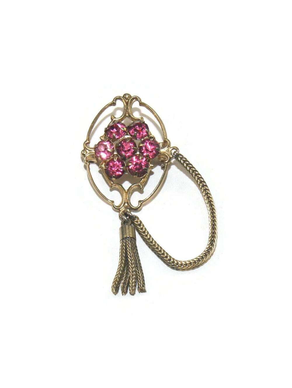 Vintage Pink Rhinestone, Gold Tone Frame Dangle Chain and Tassel Small Brooch.